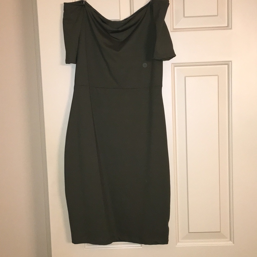 Olive green off the shoulder midi body con dress